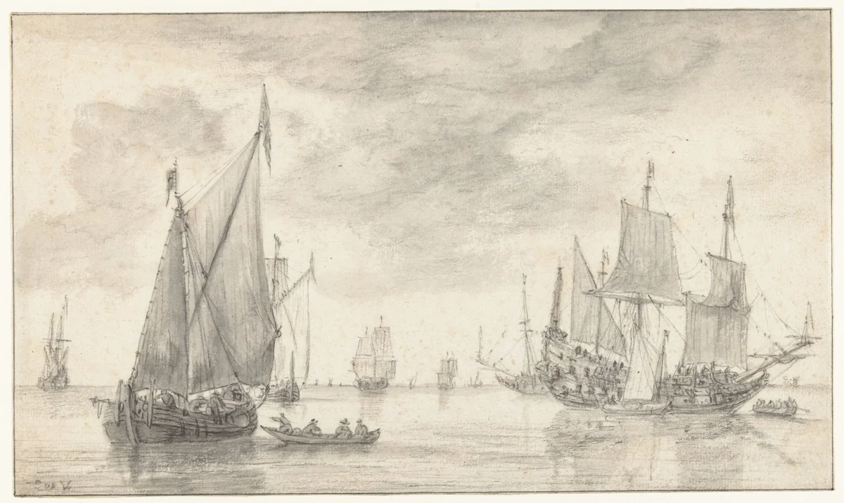 Seascape with Several Vessels by Simon de Vlieger, drawing, 1610-1653