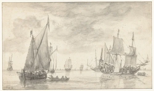 Seascape with Several Vessels by Simon de Vlieger, drawing, 1610-1653