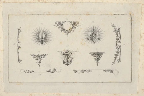 Banknote motif: ten different ornamental lathe work elements including a disk embellished with berries and flowers, a wreathed sword, a set of scales, a berried vine, an anchor and chain, a bracket of vine leaves and four designs for borders by Cyrus Durand, print, 1819-1847