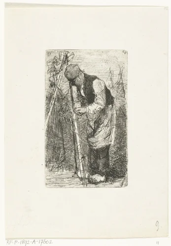 Man bindt bonenstaken in groententuin by Bernardus Johannes Blommers, print, 1855-1892