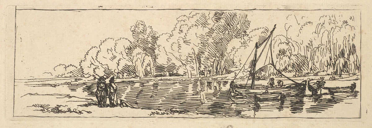 River or Pond Scene: a Sailboat and Dinghy with Figures on the Near Bank by Thomas Rowlandson, print, 1784-1788