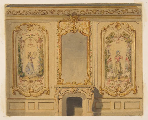 Elevation of an interior wall decorated with a chimney piece surmouted by a mirror and flanked with painted panels by Jules-Edmond-Charles Lachaise, drawing, 1830-1897