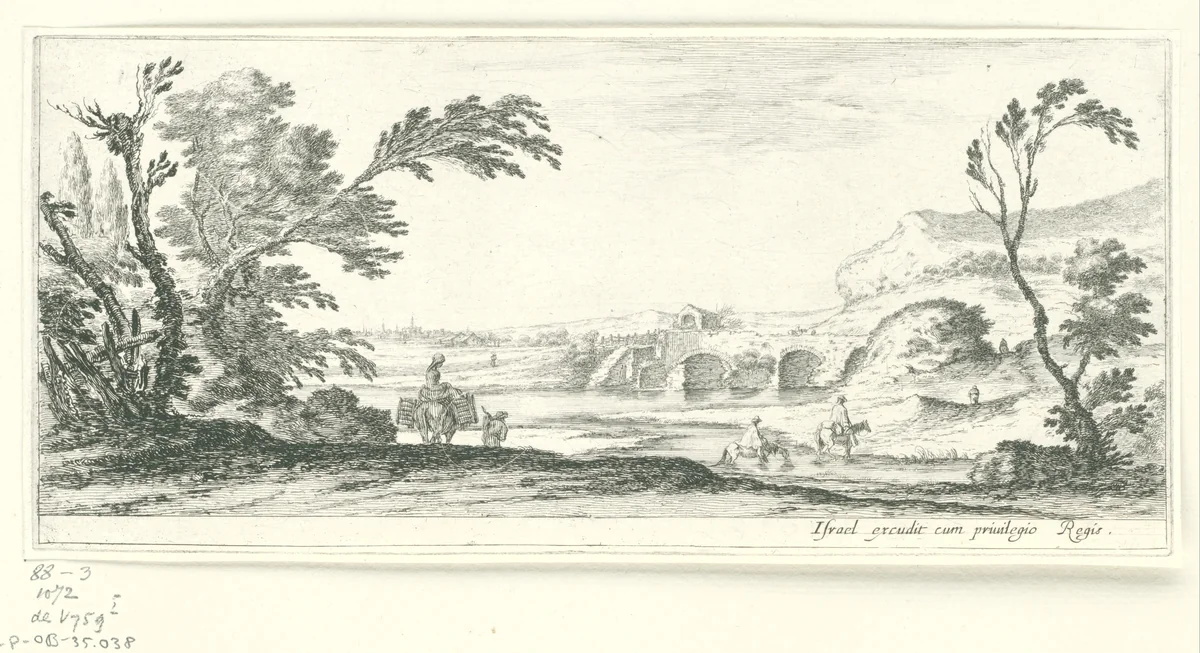 Twee ruiters steken rivier over by Stefano della Bella, print, 1620-1664