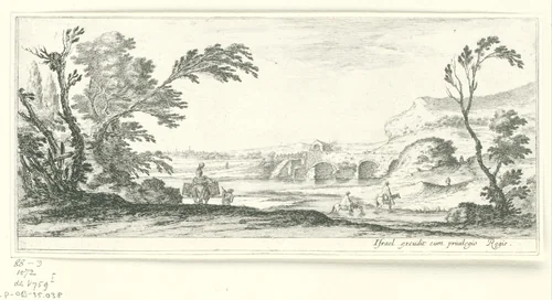 Twee ruiters steken rivier over by Stefano della Bella, print, 1620-1664
