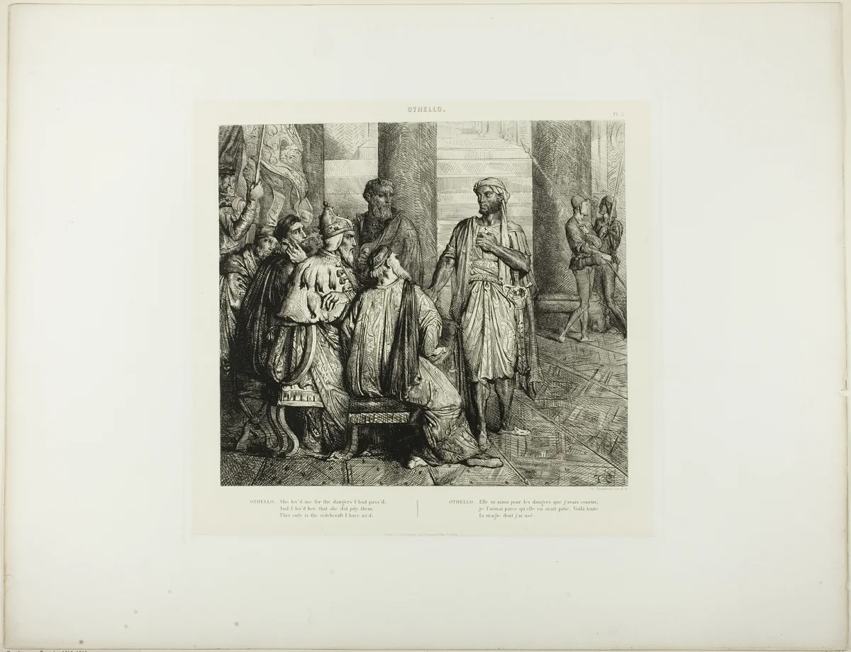She Lov’d Me for the Dangers I Had Pass’d, plate 3 (act 1, scene 3) from Othello, by Théodore Chassériau, print, 1844