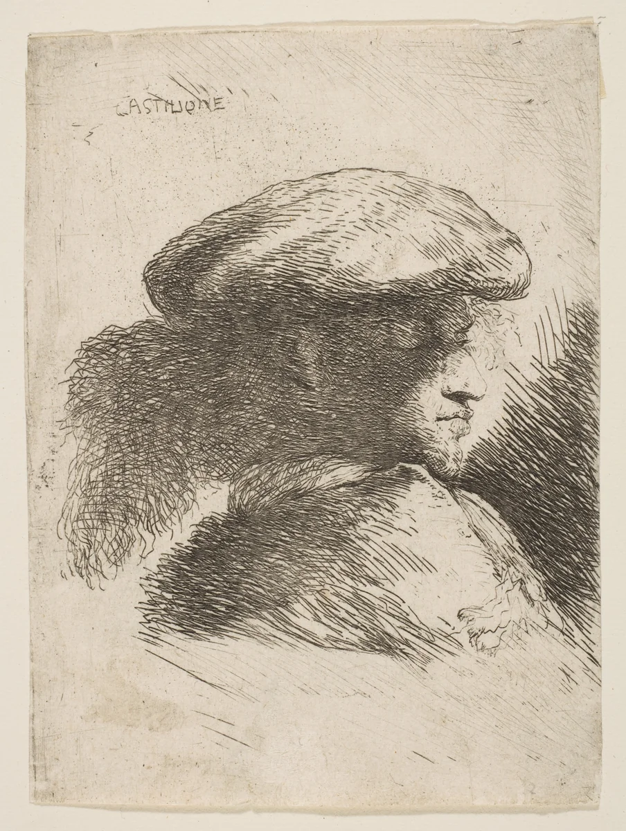 Man in profile facing right, wearing a fur hat, from "Small Heads in Oriental Headdress" by Giovanni Benedetto Castiglione, print, 1640-1650