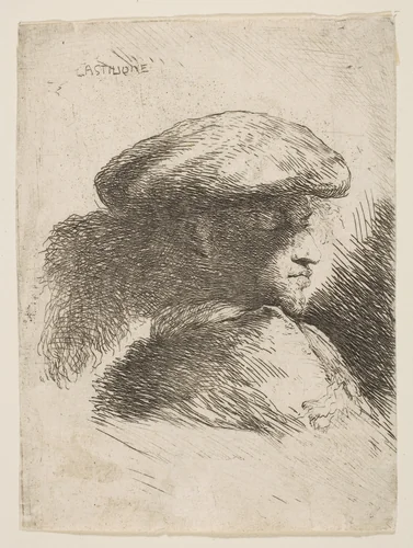 Man in profile facing right, wearing a fur hat, from "Small Heads in Oriental Headdress" by Giovanni Benedetto Castiglione, print, 1640-1650