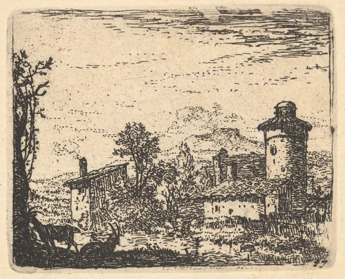 Landscape with two horned goats in shadow at left foreground, village buildings beyond, from "The Small Landscapes" by Karel Dujardin, print, 1641-1678