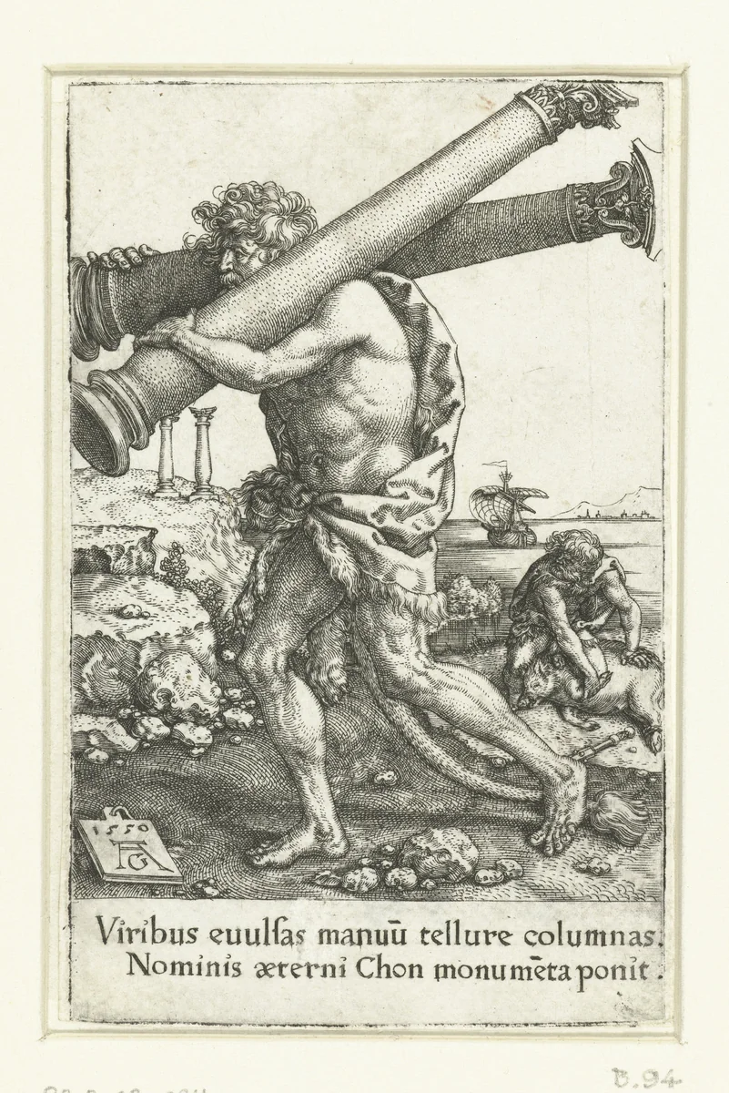 Hercules draagt de zuilen by Unknown, print, 1550