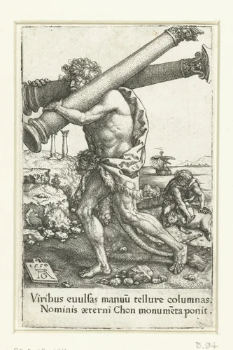 Hercules draagt de zuilen by Unknown, print, 1550