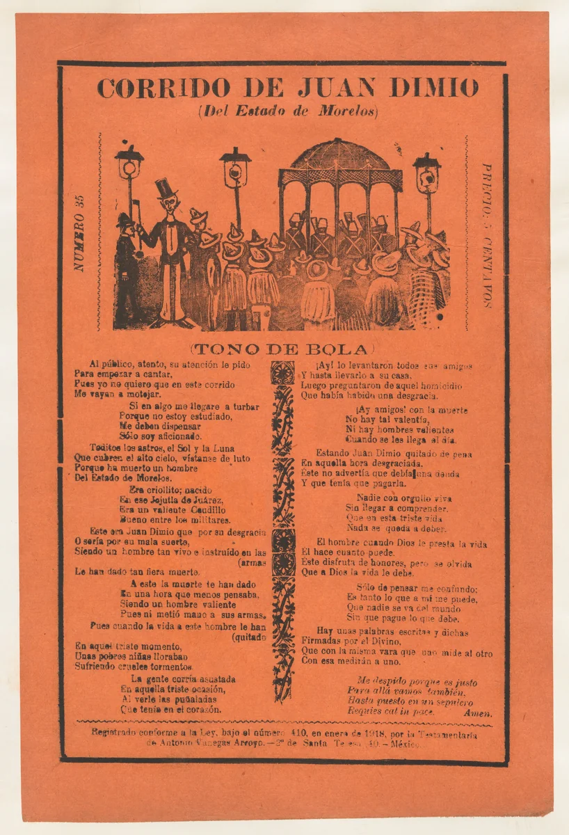 Broadsheet relating to the death of Juan Dimio, crowd of people gathered around a gazebo while a man wearing a top hat looks out toward viewer by José Guadalupe Posada, print, 1913-1923