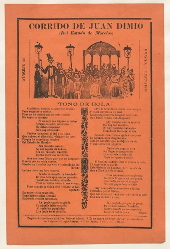 Broadsheet relating to the death of Juan Dimio, crowd of people gathered around a gazebo while a man wearing a top hat looks out toward viewer by José Guadalupe Posada, print, 1913-1923