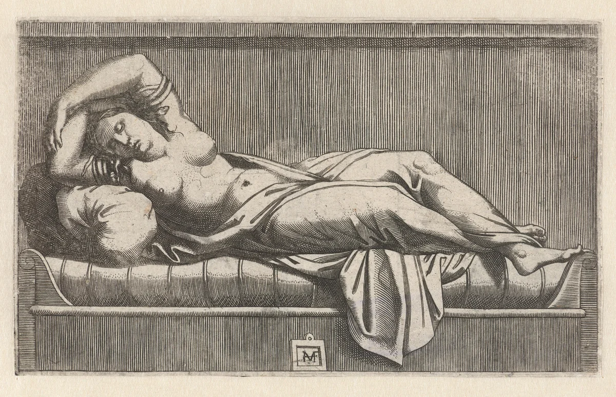 Cleopatra halfnaakt liggend op bed by anonymous, print, 1515-1575