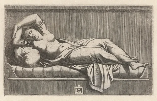 Cleopatra halfnaakt liggend op bed by anonymous, print, 1515-1575