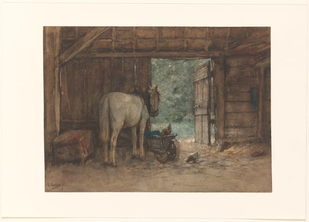 Paard in een stal bij een open staldeur by Anton Mauve, drawing, 1848-1888