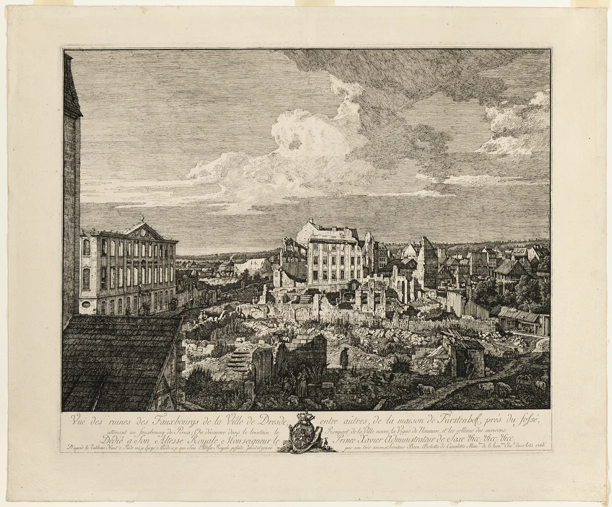The Ruins of the Pirnaischer Suburb with the Palais Fürstenhof by Bernardo Bellotto, print, 1766