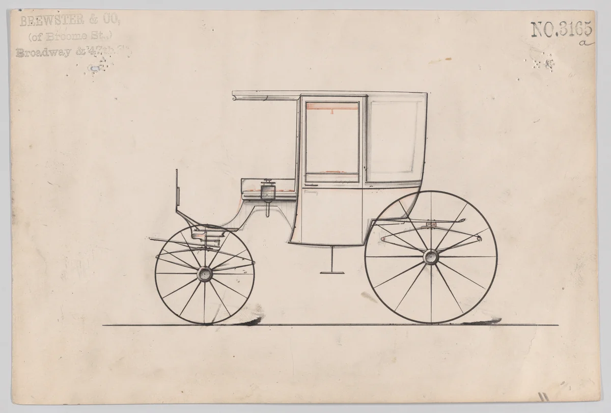 Design for 4 seat Rockaway, no. 3165a by Brewster & Co., drawing, 1875