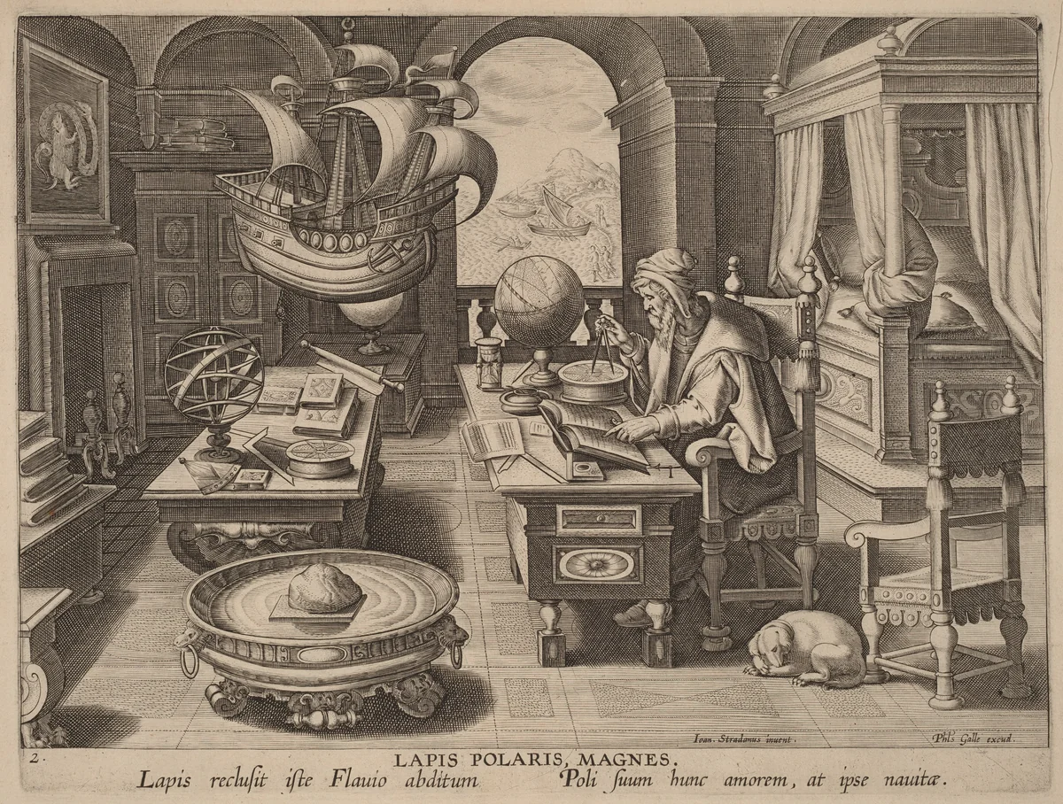 Lapis Polaris, Magnes (The Lodestone, The Magnet) by Hans Collaert the Younger, print, 1585-1595