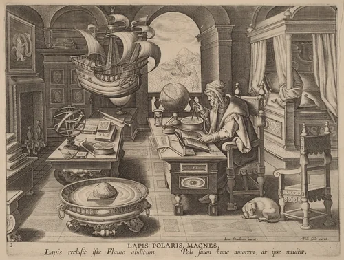 Lapis Polaris, Magnes (The Lodestone, The Magnet) by Hans Collaert the Younger, print, 1585-1595