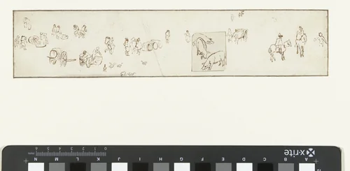 Studieblad met ruiters, staande en lopende figuren en vee by anonymous, drawing, 1600-1700