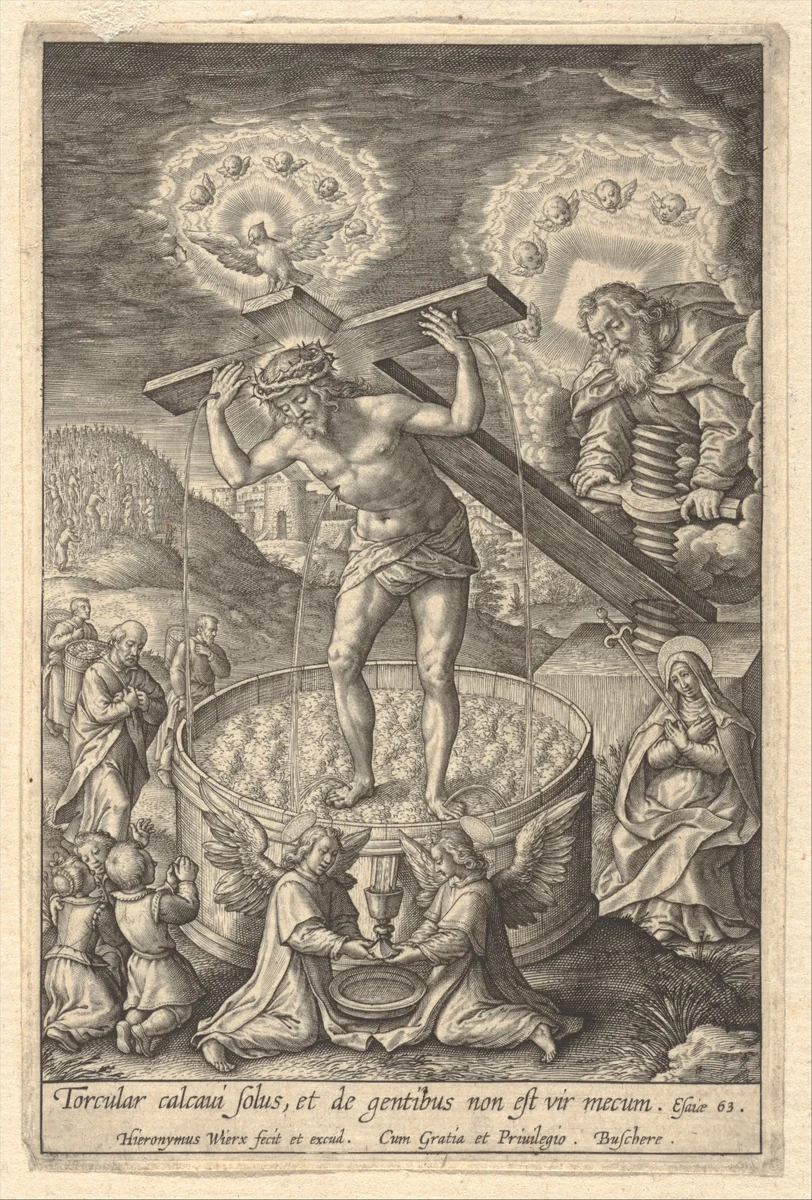 Christ in the Wine Press by Hieronymus Wierix, print, 1600-1619
