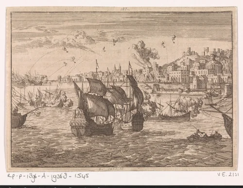 Genua door de Franse vloot gebombardeerd, 1684 by Caspar Luyken, print, 1698