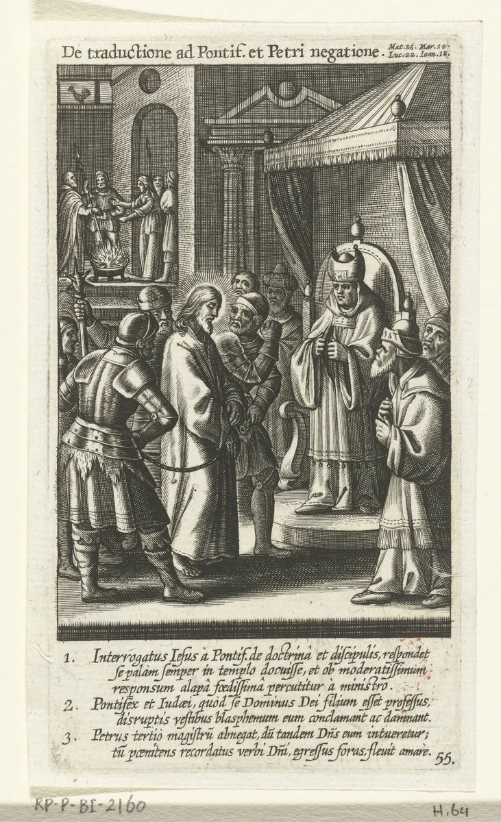 Christus voor Annas en de verloochening van Petrus by Boëtius Adamsz. Bolswert, print, 1590-1622