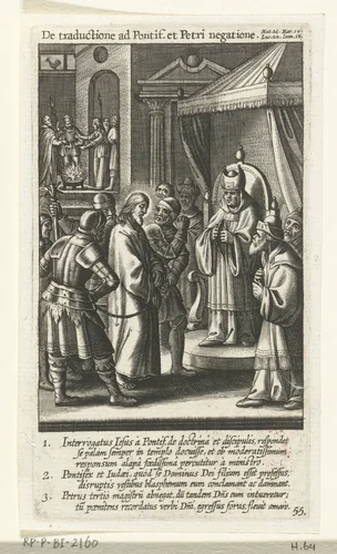 Christus voor Annas en de verloochening van Petrus by Boëtius Adamsz. Bolswert, print, 1590-1622