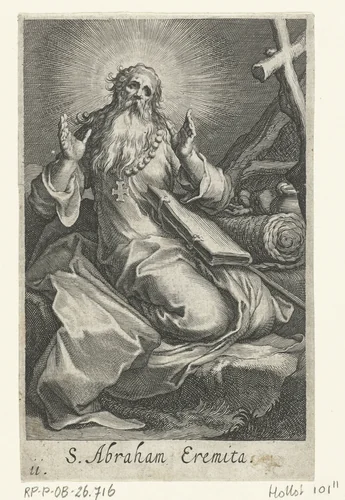 Heilige Abraham van Edessa als kluizenaar by Boëtius Adamsz. Bolswert, print, 1590-1612