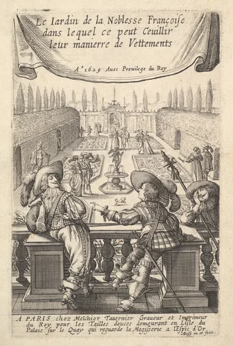 Three Gentlemen Leaning on a Banister Overlooking a Garden where Lovers Stroll, from "The Garden of the French Nobles In Which One Can Pick Up Their Way of Dressing" by Abraham Bosse, print, 1629