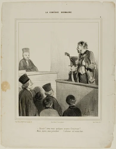 “- Defendant! Do you have any means of living? - Thank you Mr President.... I have quite a good stomach,” plate 4 La Comédie Humaine by Honoré-Victorin Daumier, print, 1843
