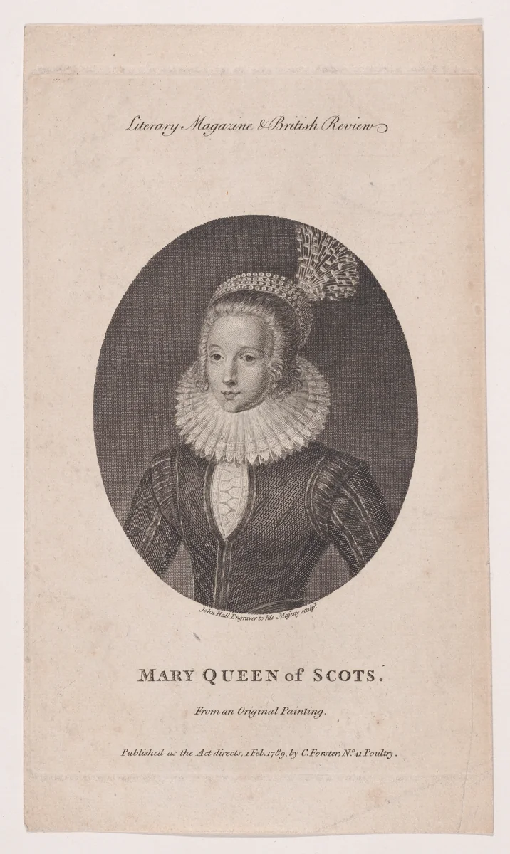 Mary, Queen of Scots (frontispiece, from "Literary Magazine & British Review," volume 2) by John Hall, print, 1789