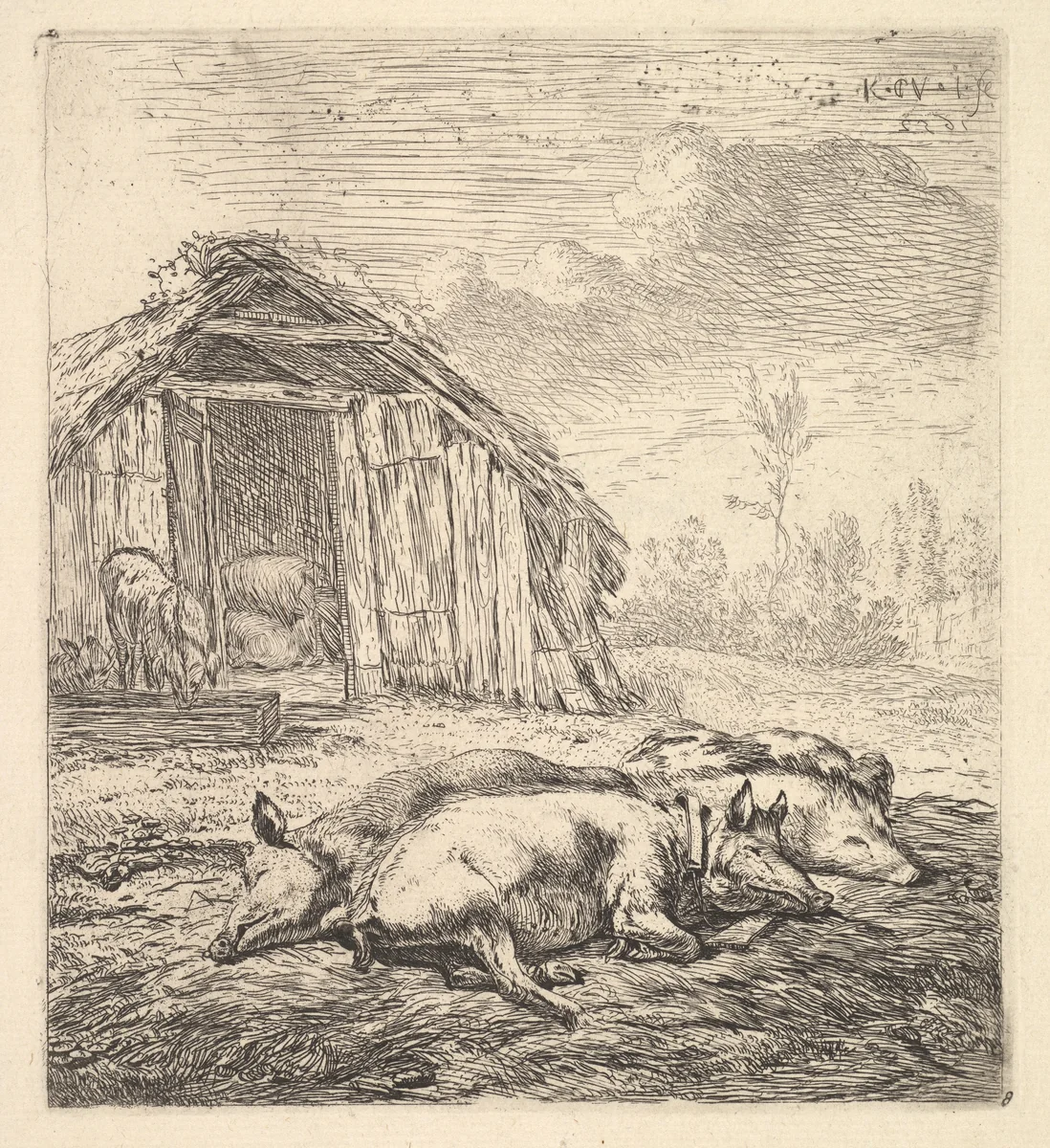 Three pigs lying on their sides, a pigsty and trough beyond by Karel Dujardin, print, 1652