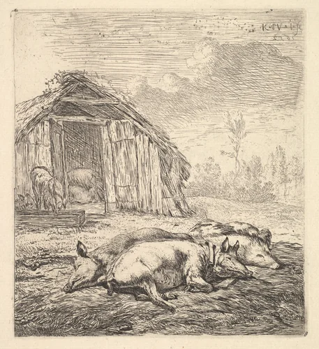 Three pigs lying on their sides, a pigsty and trough beyond by Karel Dujardin, print, 1652