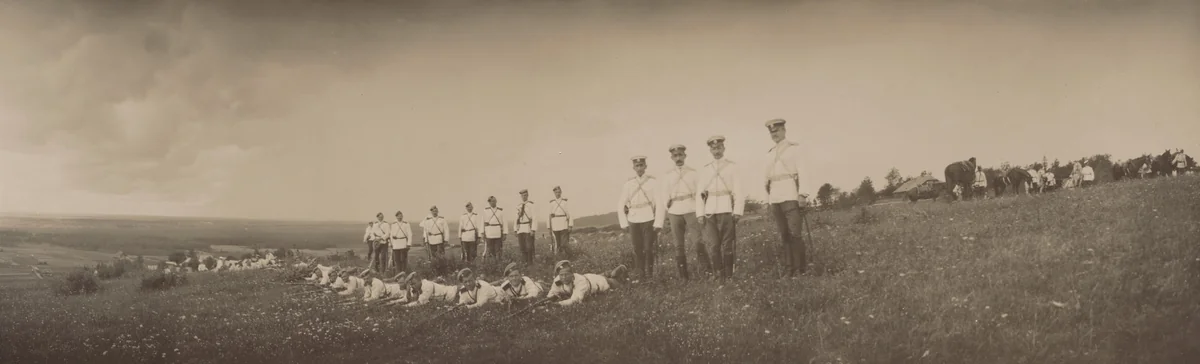 Men Standing and Lying on Grass with Rifles, Peterhof by Unidentified Photographer, photograph, 1905