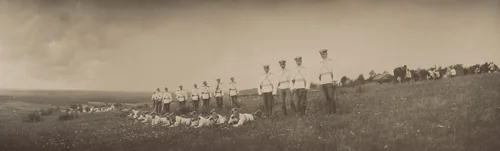 Men Standing and Lying on Grass with Rifles, Peterhof by Unidentified Photographer, photograph, 1905