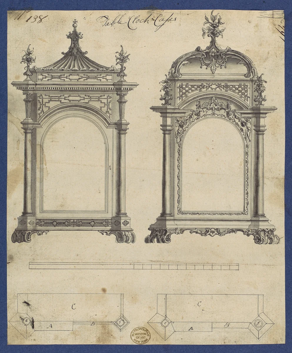Table Clock Cases, in Chippendale Drawings, Vol. I by Thomas Chippendale, drawing, 1754