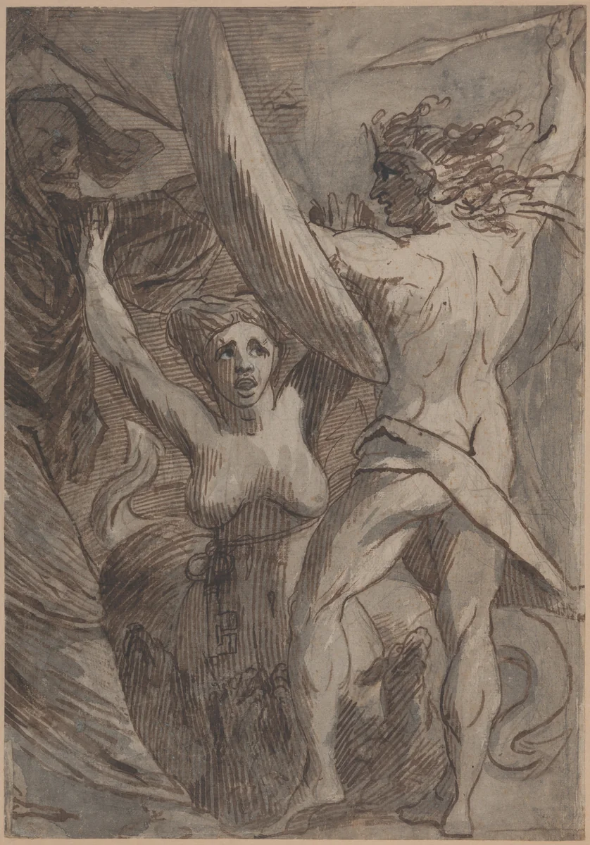 Satan, Sin, and Death: "Death and Sin met by Satan on his Return from Earth" by James Barry, drawing, 1792-1795