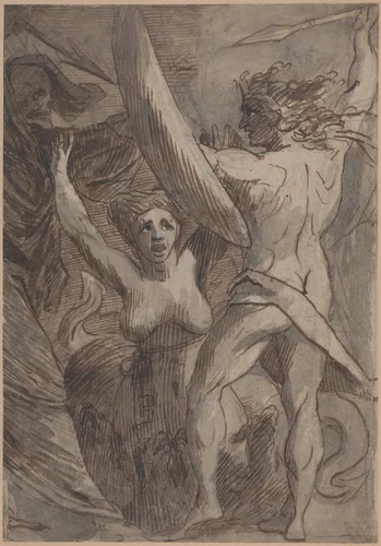 Satan, Sin, and Death: "Death and Sin met by Satan on his Return from Earth" by James Barry, drawing, 1792-1795
