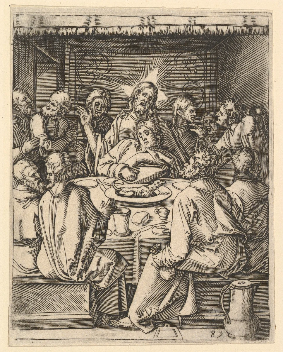 The Last Supper; The last supper with Christ sitting in the center embracing John, from "The Passion of Christ", after Dürer by Marcantonio Raimondi, print, 1495-1539