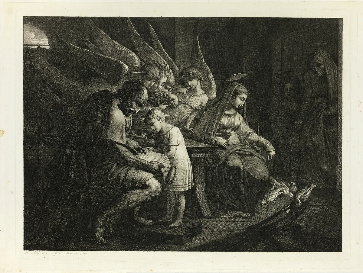 The Holy Family Busy at Home: Joseph Teaches the Boy Jesus to Read. Mary Feeds the Pigeons. Elizabeth Enters the Room with John by Carl Russ, print, 1809