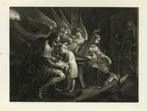 The Holy Family Busy at Home: Joseph Teaches the Boy Jesus to Read. Mary Feeds the Pigeons. Elizabeth Enters the Room with John by Carl Russ, print, 1809