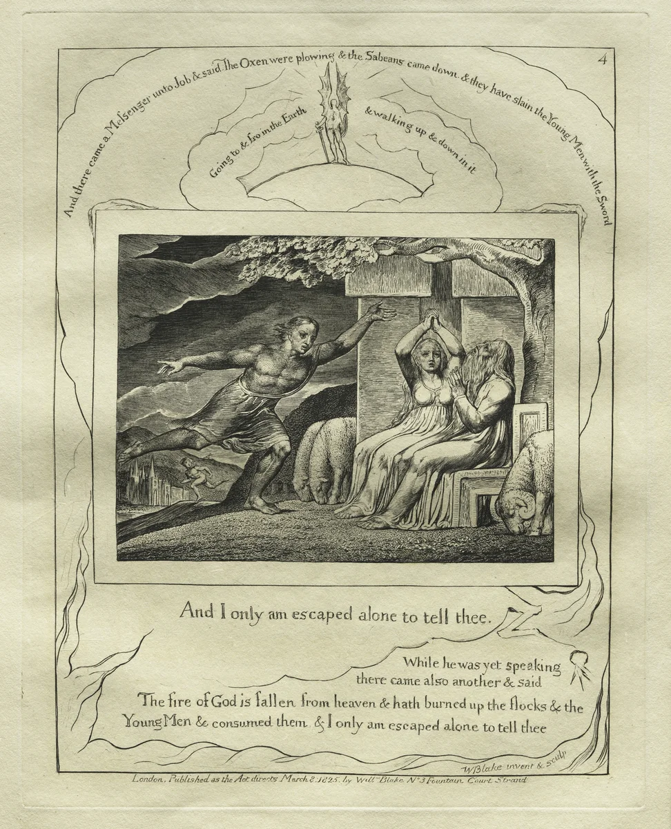 The Book of Job: Pl. 4, And I only am escaped alone to tell thee by William Blake, print, 1825