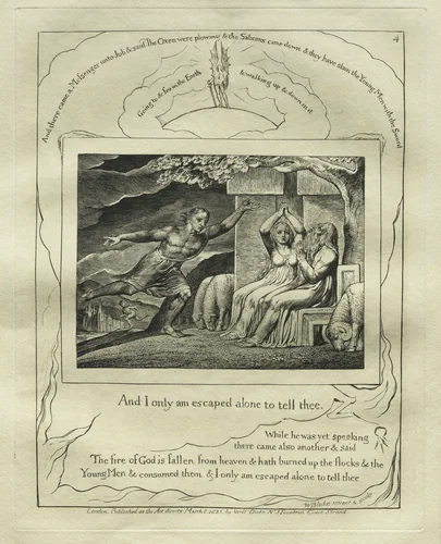 The Book of Job: Pl. 4, And I only am escaped alone to tell thee by William Blake, print, 1825