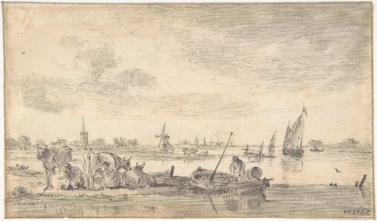 River Scene with Cows by Jan van Goyen, drawing, 1653