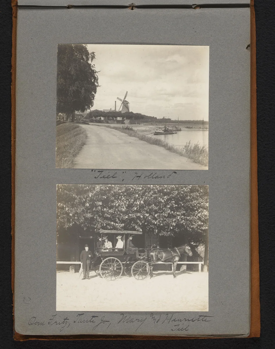 Gezicht op Tiel met molen en de familie Van der Mey in een koets by Jan van der Mey, book, 1902