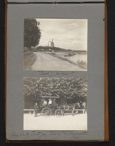Gezicht op Tiel met molen en de familie Van der Mey in een koets by Jan van der Mey, book, 1902