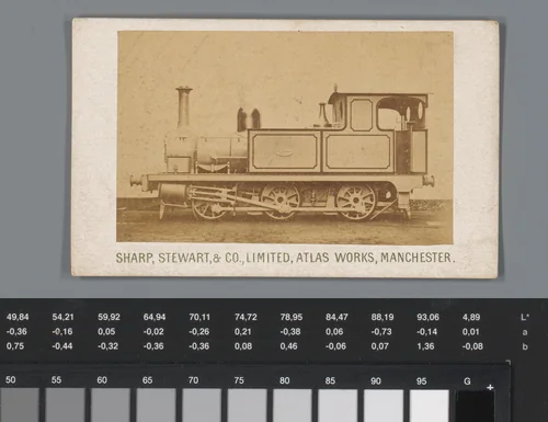 Reclame voor atlassen van Sharp, Steward, & Co. te Manchester, met gezicht op een locomotief by anonymous, photograph, 1850-1915