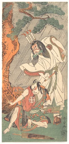 Kabuki Actors Ichimura Uzaemon IX as Ko-kakeyama and Ōtani Hiroji III as Kōga Saburō by Katsukawa Shunshô (勝川春章), print, 1761-1781
