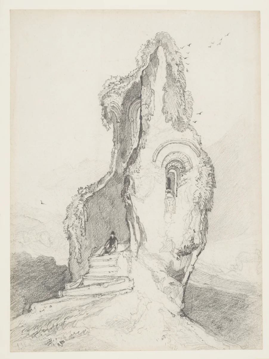 A figure resting in a ruined tower by John Sell Cotman, drawing, 1810-1840